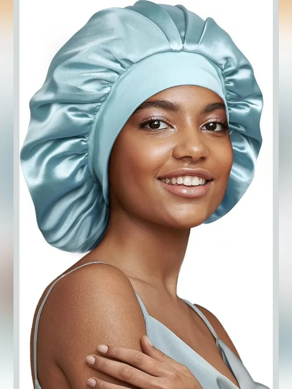 22 Momme 100% Mulberry Silk Lined Bonnet for Sleeping - Light Blue